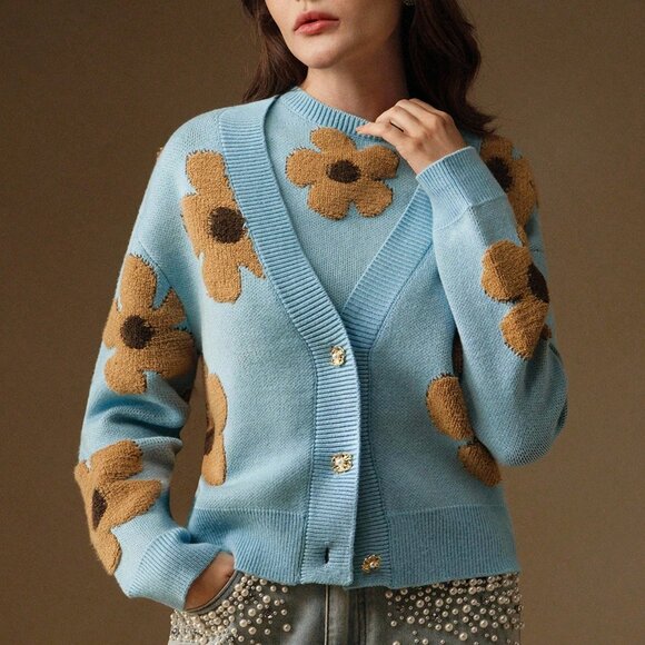 Blue Casual Women's Jacquard V-Neck Cardigan And Round Neck Knit Vest - Picture 6 of 8